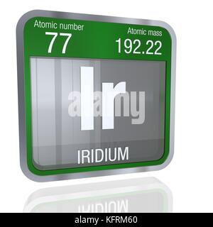 Simbolo iridio a forma quadrata con bordo metallico e sfondo trasparente con riflesso sul pavimento. Rendering 3D. Elemento numero 77 del Peri Foto Stock