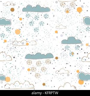 Inverno seamless pattern con disegnati a mano carino nuvole e cadere i fiocchi di neve. illustrazione vettoriale Illustrazione Vettoriale