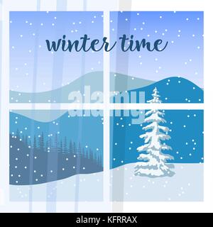 Finestra di visualizzazione del paesaggio invernale con silhouette di montagne e foreste. snow raffica. Illustrazione Vettoriale