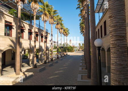 Stanford University campus, asse est-ovest e SEQ cortile con torre di Hoover in distanza. Foto Stock