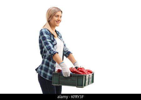 Femmina l'agricoltore che detiene una gabbia piena di peperoni rossi isolato su sfondo bianco Foto Stock