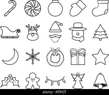 Vettore 20 buon natale linea isolato le icone con le renne, santa claus , pupazzo di neve che coinvolgono in decorazione, dessert, inverno, party, presente, divertente Illustrazione Vettoriale