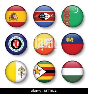 Set di bandiere del mondo badge rotondo ( spagna . swaziland . turkmenistan . bougainville . bhutan . liechtenstein . Città del Vaticano . zimbabwe . Ungheria ) . Illustrazione Vettoriale