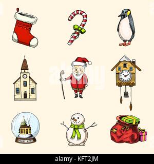 Incisi disegnati a mano nel vecchio disegno e stile vintage per etichetta. Buon Natale o Natale e Anno Nuovo collezione. vacanza invernale decorazione. pupazzo di neve e campana, dono e lecca-lecca, stivali di feltro, Snow Globe. Illustrazione Vettoriale