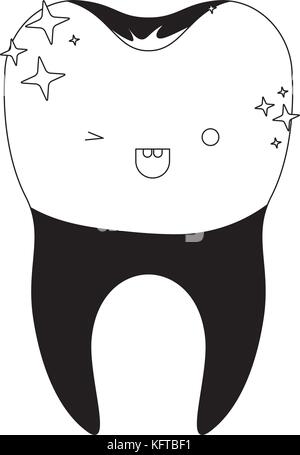 Kawaii dente con la corona dentale e radice in silhouette nera Illustrazione Vettoriale
