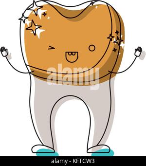 Dente con la corona dentale cartoon in silhouette ad acquerello Illustrazione Vettoriale