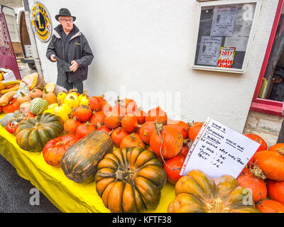 Pressione di stallo di mercato tabella piena di zucche, potirons e zucche - Francia. Foto Stock