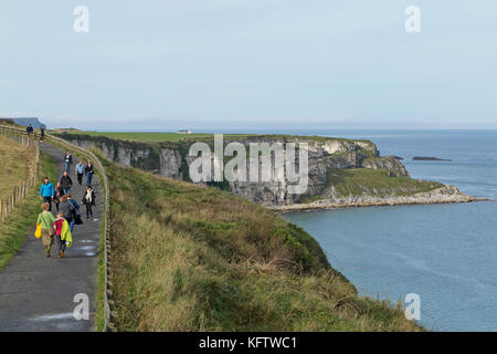 Bianche scogliere sul modo di Carrick-a-Rede ponte di corde, Ballintoy, Co. Antrim, Irlanda del Nord Foto Stock