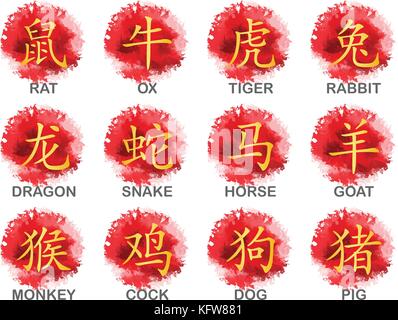 Dodici Golden parola cinese simbolo del calendario zodiacale su acquerello rosso sfondo per vector graphic design concept Illustrazione Vettoriale