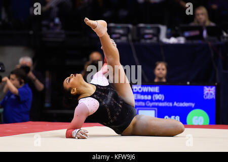 Del Campionato britannico 2017. Senior tutto intorno la concorrenza 25.3.17Ellie Downie di Notts Palestra Club in azione. 2015 Campionati Europei tutto intorno al bronzo, 2015 Campionati del Mondo team bronzo, 2016 Campionati Europei team, piano e vault argento, 2017 Campionati Europei a tutto oro, piano e vault argento, bronzo barre Foto Stock