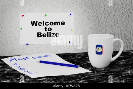 Boccale di grandi dimensioni e l'etichetta sulla parete con testo di benvenuto in Belize. Il rendering 3d. Foto Stock
