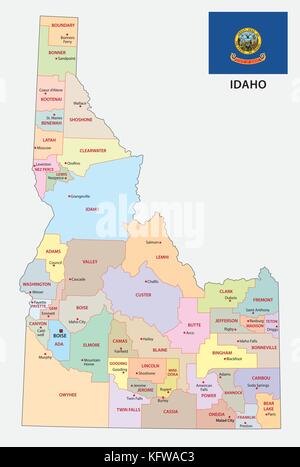 Idaho amministrativa mappa vettoriale con bandiera Illustrazione Vettoriale