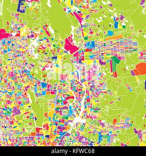 Dacca in Bangladesh, colorata mappa vettoriale. Strade bianche, ferrovie e acqua. Colore luminoso punto di riferimento forme. Stampa di arte pattern. Illustrazione Vettoriale