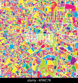 Tokyo, Giappone, colorata mappa vettoriale. Strade bianche, ferrovie e acqua. Colore luminoso punto di riferimento forme. Stampa di arte pattern. Illustrazione Vettoriale