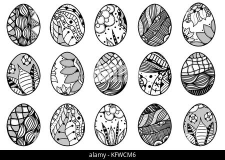 Disegnato a mano le uova di pasqua insieme per il libro da colorare per adulti ed elementi di design Illustrazione Vettoriale