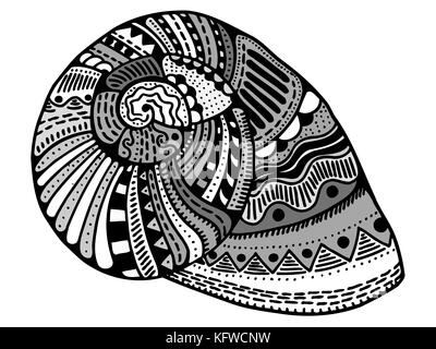 Zentangle guscio stilizzato. disegnati a mano doodle acquatici illustrazione vettoriale. schizzo per tatuaggio o makhenda. Collezione di conchiglie. vita nell'oceano. Illustrazione Vettoriale