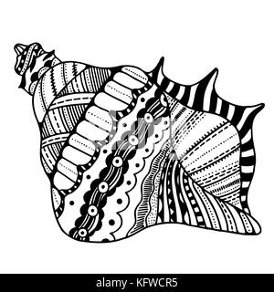 Zentangle guscio stilizzato. disegnati a mano doodle acquatici illustrazione vettoriale. schizzo per tatuaggio o makhenda. Collezione di conchiglie. vita nell'oceano. Illustrazione Vettoriale