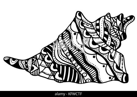 Zentangle guscio stilizzato. disegnati a mano doodle acquatici illustrazione vettoriale. schizzo per tatuaggio o makhenda. Collezione di conchiglie. vita nell'oceano. Illustrazione Vettoriale