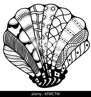 Zentangle guscio stilizzato. disegnati a mano doodle acquatici illustrazione vettoriale. schizzo per tatuaggio o makhenda. Collezione di conchiglie. vita nell'oceano. Illustrazione Vettoriale