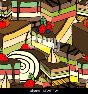 Seamless pattern dolci con il dessert. disegnati a mano illustrazione vettoriale per banner, sfondo, cartoline, cartoline, inviti , e altri design Illustrazione Vettoriale