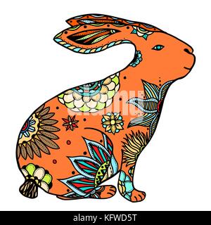 Decorativi disegnati a mano doodle illustrazione di coniglio. ornato white hare disegno Illustrazione Vettoriale