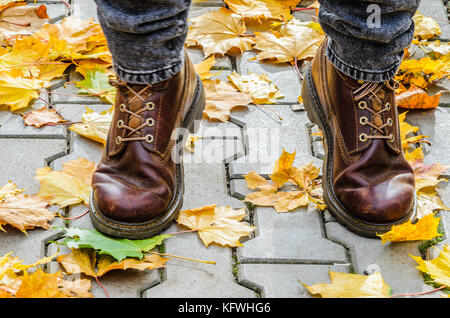 Gambe in pelle marrone stivali tra caduto foglie di acero in grigio di una pavimentazione in cemento. a piedi nel parco d'autunno. Foto Stock