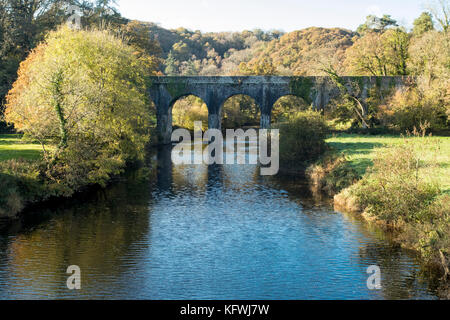 Vista autunnale del fascio acquedotto sul fiume Torridge dal tarka trail; grande torrington, Devon, Inghilterra, Foto Stock