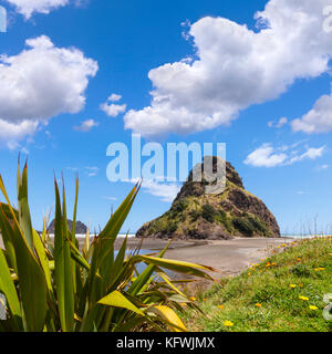Piha Beach con Lion Rock, regione di Auckland, Nuova Zelanda. Foto Stock