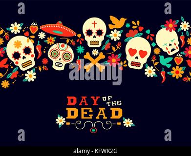 Il giorno dei morti seamless pattern arte vacanza messicana celebrazione dello sfondo con la tipografia preventivo. Include la molla floreali decorazione, mariachi hat un Illustrazione Vettoriale