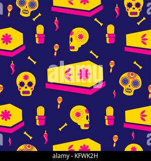 Mexican giorno dei morti seamless pattern arte, teschio di zucchero le icone con il tradizionale decor vacanza. eps10 vettore. Illustrazione Vettoriale