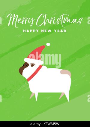 Buon Natale e felice anno nuovo messaggio di saluto festivo card illustrazione. funny pug cane con santa claus hat su colorato sfondo texture. eps vettore10 Illustrazione Vettoriale