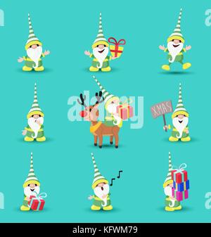 Vacanze di Natale insieme di carino carattere elf cartoni animati in diverse pose e emozioni. include le renne, divertenti espressioni, confezioni regalo. eps10 vettore. Illustrazione Vettoriale