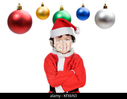 Sorridenti bambino indossando vestiti di natale isolato su uno sfondo bianco Foto Stock