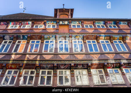 La facciata della storica macellai guild hall edificio in Hildesheim, Germania Foto Stock