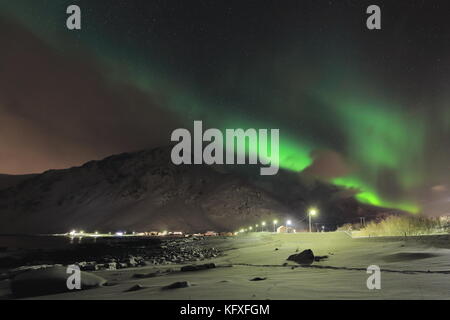 Luci verdi-aurora boreale illuminare dalla n.la spiaggia di s.di vareid villaggio sul vareidsundet-flakstadpollen fjord bocca su di una tranquilla a freddo Foto Stock