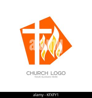 Chiesa logo. simboli cristiani. la croce di Gesù e la fiamma dello spirito santo Illustrazione Vettoriale