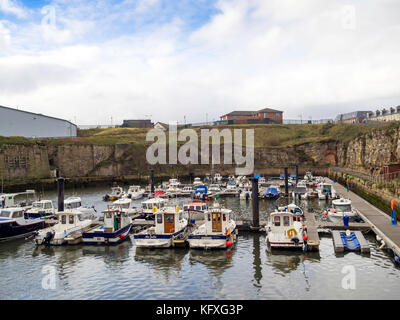 Seaham marina in porto con piccole imbarcazioni da diporto in autunno Foto Stock