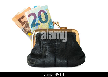 Una pelle nera portamonete con banconote in euro all'interno Foto Stock