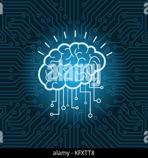 Cervello forma digitale icona blu su sfondo di circuito Illustrazione Vettoriale