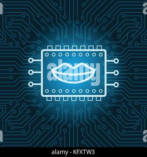 Bocca umana icona sul chip al di sopra del circuito blu sullo sfondo della scheda madre Illustrazione Vettoriale