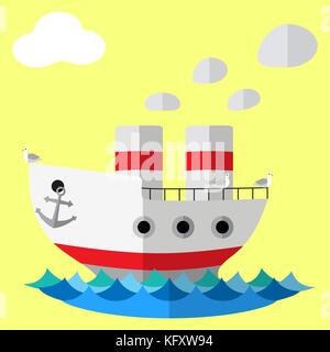 Retrò in nave a vapore vettore piatto poster. Illustrazione Vettoriale