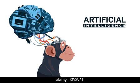 Testa di scimmia con moderni cervello cyborg su sfondo bianco di intelligenza artificiale concept Illustrazione Vettoriale