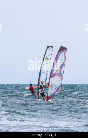 Gli appassionati di windsurf a Peschici e il Parco Nazionale del Gargano. L'Italia. Foto Stock