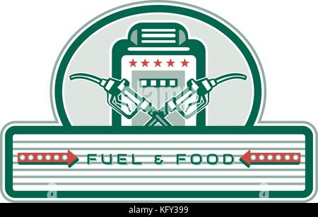 In stile retrò illustrazione di un vintage attraversato ugello carburante, gas erogatore con pompa di benzina in background imposta all'interno di forma ovale con banner e di parole e di carburante Illustrazione Vettoriale