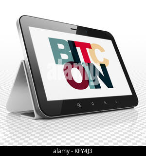 Concetto cryptocurrency: computer tablet con bitcoin sul display Foto Stock