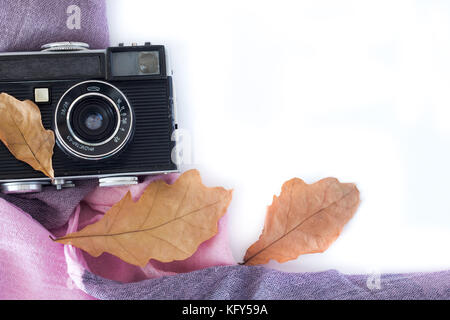 Analogico vintage foto fotocamera in acero secco leaveson sfondo bianco, vista dall'alto