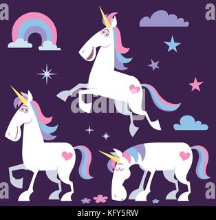 Unicorno cartoni animati in 3 diverse pose e alcuni elementi carini inclusi come bonus. Illustrazione Vettoriale