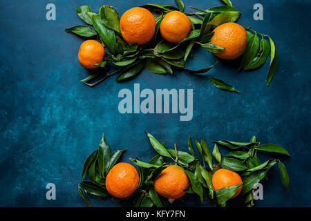 Arancione brillante tangerini sui rami foglie verdi disposti nella composizione della cornice del bordo su sfondo blu scuro. natale anno nuovo biglietto di auguri post Foto Stock