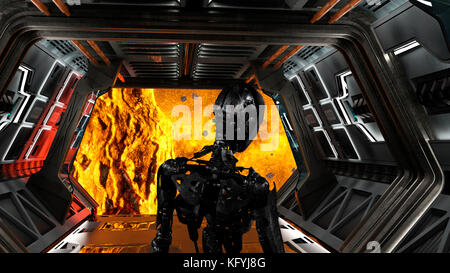 Robot futuristico nell'astronave cercando il deep space - 3d rendering Foto Stock