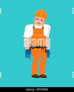 Builder triste. lavoratore nel casco protettivo tristi gli Emoji. lavoratore di servizio luttuoso veteran. illustrazione vettoriale Illustrazione Vettoriale